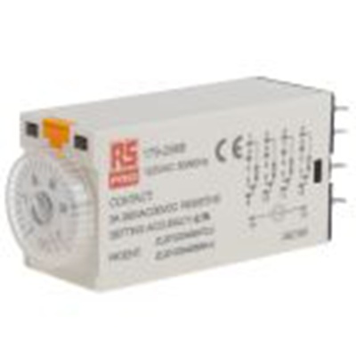 RS PRO,179-2966,延时继电器, 公安装, 0.1 s, 1 s范围, 4触点 110 V ac, 1功能, 四刀双掷时间范围