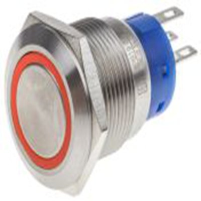 RS PRO,111-3768, 照明 按钮开关, Φ19.2 mm开孔, 面板安装, 瞬时型操作, 红色LED, 双刀双掷, IP40 12 V dc 250 V 交流