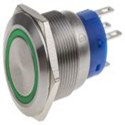 RS PRO,111-3774, 照明 按钮开关, Φ19.2 mm开孔, 面板安装, 闭锁操作, 绿色LED, 单刀双掷, IP40 250 V 交流