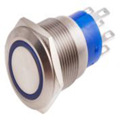 RS PRO,111-3775, 照明 按钮开关, Φ19.2 mm开孔, 面板安装, 瞬时型操作, 蓝色LED, 双刀双掷, IP40 12 V dc 250 V 交流