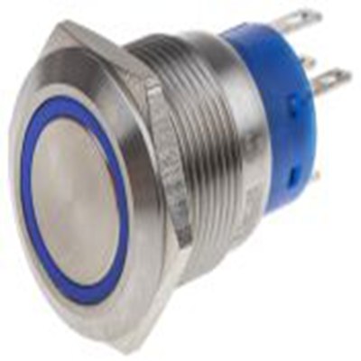 RS PRO,111-3777, 照明 按钮开关, Φ19.2 mm开孔, 面板安装, 瞬时型操作, 蓝色LED, 单刀双掷, IP40 250 V 交流