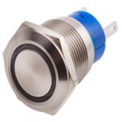 RS PRO,111-3783, 照明 按钮开关, Φ19.2 mm开孔, 面板安装, 瞬时型操作, 蓝色LED, 单刀双掷, IP40 12 V dc 250 V 交流