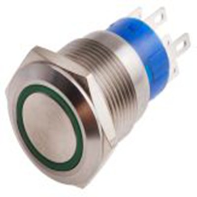 RS PRO,111-5781, 照明 按钮开关, Φ19.2 mm开孔, 面板安装, 瞬时型操作, 绿色LED, 双刀双掷, IP40 12 V dc 250 V 交流