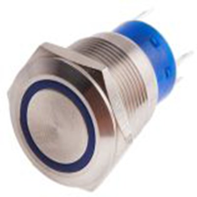 RS PRO,111-5788, 照明 按钮开关, Φ19.2 mm开孔, 面板安装, 瞬时型操作, 蓝色LED, 单刀双掷, IP40 12 V dc 250 V 交流