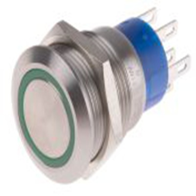 RS PRO,111-5810, 照明 按钮开关, Φ19.2 mm开孔, 面板安装, 瞬时型操作, 绿色LED, 双刀双掷, IP40 12 V dc 110 V 交流