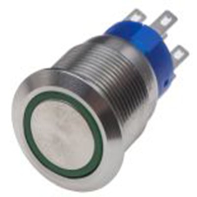 RS PRO,111-5823, 照明 按钮开关, Φ19.2 mm开孔, 面板安装, 瞬时型操作, 绿色LED, 双刀双掷, IP40 12 V dc 250 V 交流