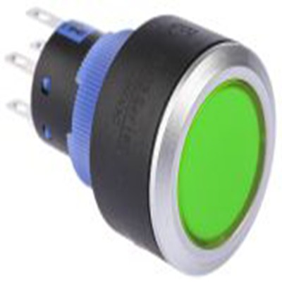 RS PRO,175-8228, 照明 按钮开关, Φ22.2 mm开孔, 面板安装, 瞬时型操作, 绿色LED, 双刀双掷, IP65 36 V dc 250 V 交流, KPB22系列