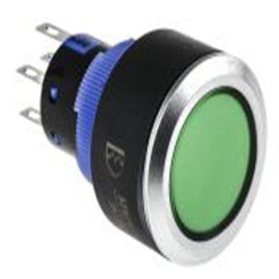 RS PRO,175-8229, 照明 按钮开关, Φ22.2 mm开孔, 面板安装, 瞬时型操作, 绿色LED, 双刀双掷, IP65 36 V dc 250 V 交流, KPB22系列