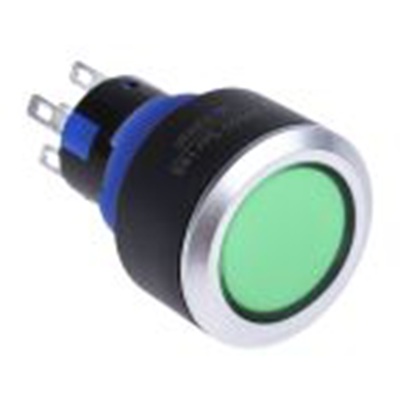 RS PRO,175-8963, 照明 按钮开关, Φ22.2 mm开孔, 面板安装, 瞬时型操作, 绿色LED, 单刀双掷, IP65 36 V dc 250 V 交流, KPB22系列