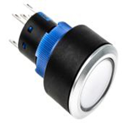 RS PRO,175-8279, 照明 按钮开关, Φ22.2 mm开孔, 面板安装, 瞬时型操作, 蓝色LED, 单刀双掷, IP65 36 V dc 250 V 交流, KPB22系列