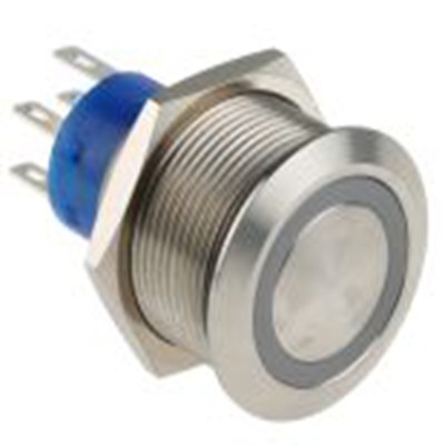 RS PRO,175-9732, 照明 按钮开关, Φ22.2 mm开孔, 面板安装, 瞬时型操作, 蓝色LED, 双刀双掷, IP40 12 V dc 250 V 交流, MPB22系列