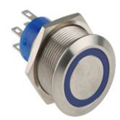 RS PRO,175-9240, 照明 按钮开关, Φ22.2 mm开孔, 面板安装, 瞬时型操作, 蓝色LED, 双刀双掷, IP40 12 V dc 250 V 交流, MPB22系列
