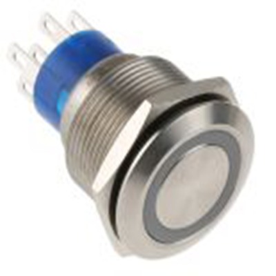 RS PRO,175-9248, 照明 按钮开关, Φ22.2 mm开孔, 面板安装, 瞬时型操作, 绿色LED, 双刀双掷, IP40 12 V dc 250 V 交流, MPB22系列