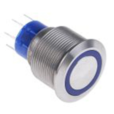 RS PRO,175-9251, 照明 按钮开关, Φ22.2 mm开孔, 面板安装, 瞬时型操作, 蓝色LED, 双刀双掷, IP40 12 V dc 250 V 交流, MPB22系列