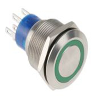 RS PRO,175-9252, 照明 按钮开关, Φ22.2 mm开孔, 面板安装, 瞬时型操作, 绿色LED, 双刀双掷, IP40 12 V dc 250 V 交流, MPB22系列