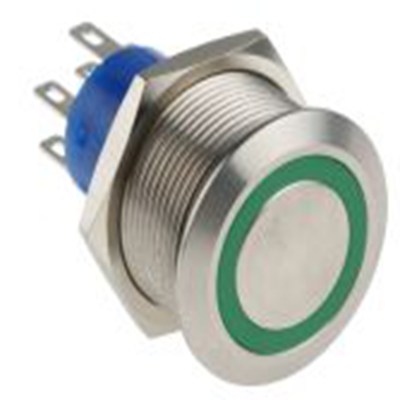 RS PRO,175-9254, 照明 按钮开关, Φ22.2 mm开孔, 面板安装, 闭锁操作, 绿色LED, 双刀双掷, IP40 36 V dc 250 V 交流, MPB22系列