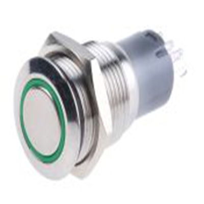 RS PRO,811-8443, 照明 按钮开关, Φ16 mm开孔, 面板安装, 瞬时型操作, 绿色LED, 单刀双掷, IP65, IP40 250 V 交流